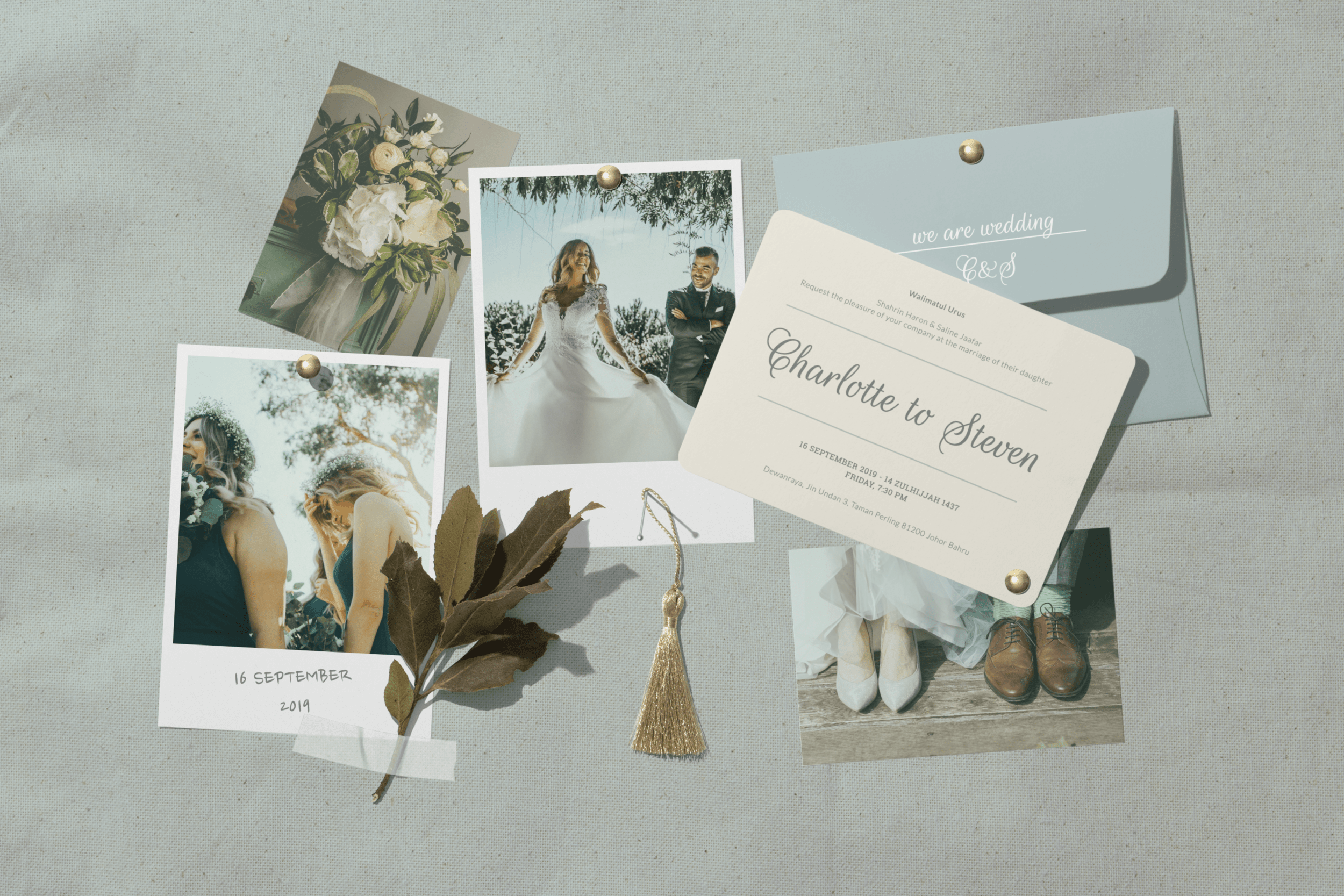 Fully layered psd file with smart objects, measuring 2362 x 1653 px at 300 dpi. Wedding Mood Board Mockup Scene