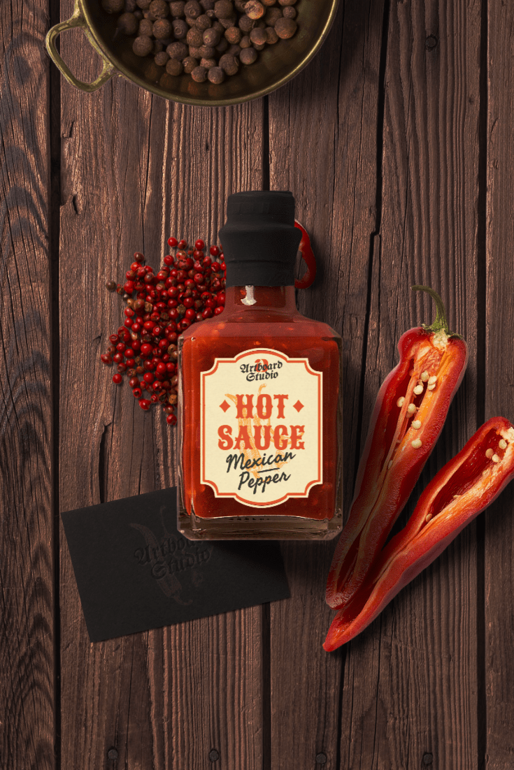 Tomato ketchup advertising poster template, vector illustration. Sauce Bottle Mockup Scene With Peppers